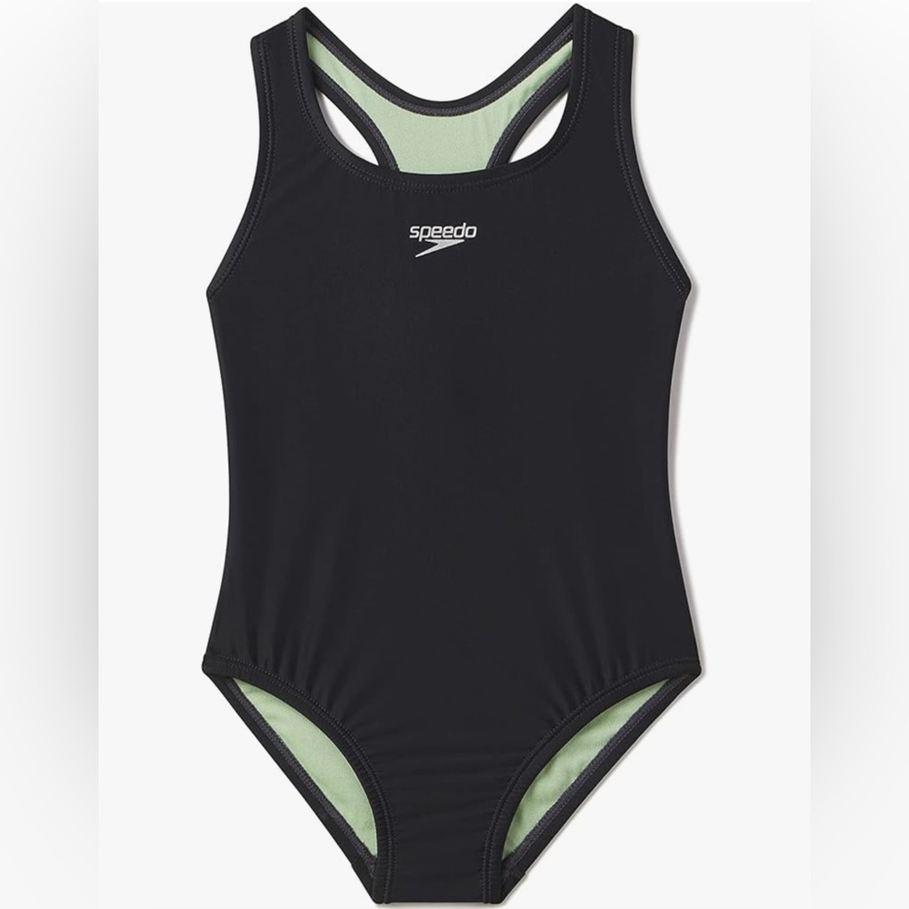 Speedo Girl's Swimsuit One Piece Closed Racerback - SIZE 10 - BLACK/GREEN